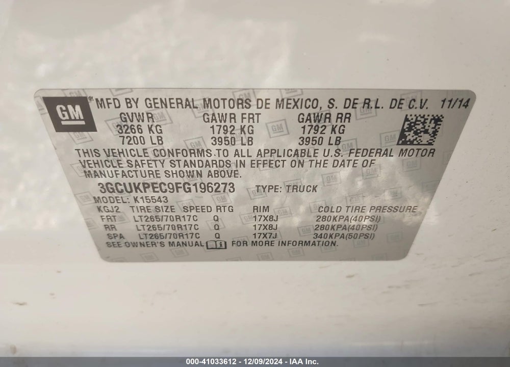 2015 CHEVROLET SILVERADO VIN: 3GCUKPEC9FG196273