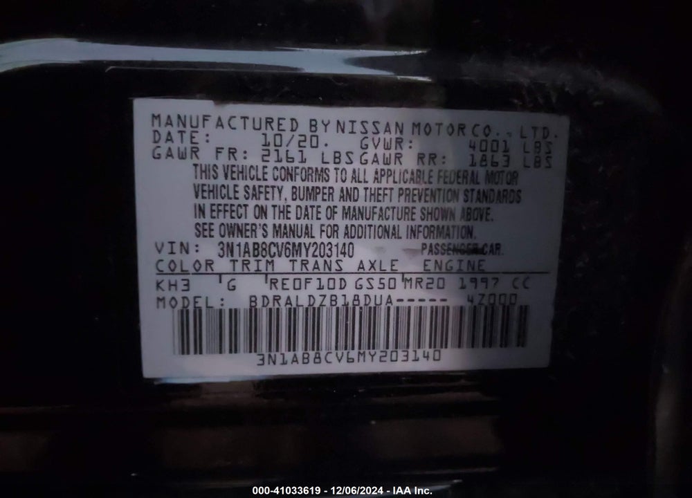 2021 NISSAN SENTRA VIN: 3N1AB8CV6MY203140