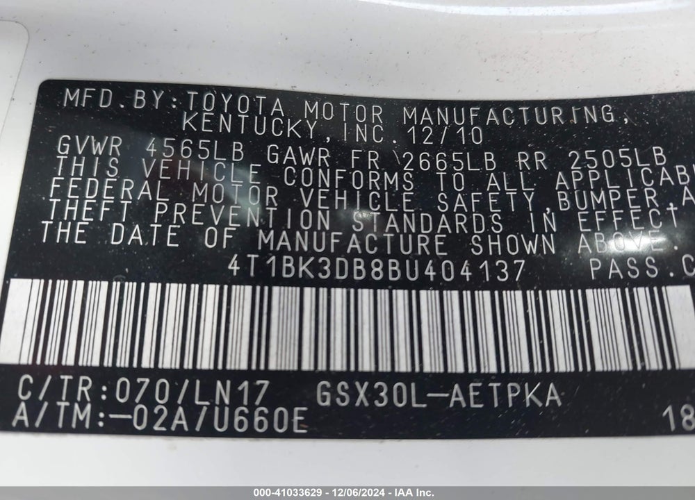 2011 TOYOTA AVALON LIMITED VIN: 4T1BK3DB8BU404137