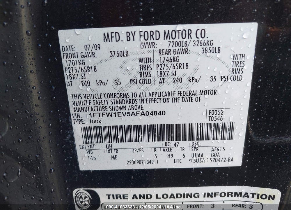 2010 FORD F-150 VIN: 1FTFW1EV5AFA04840