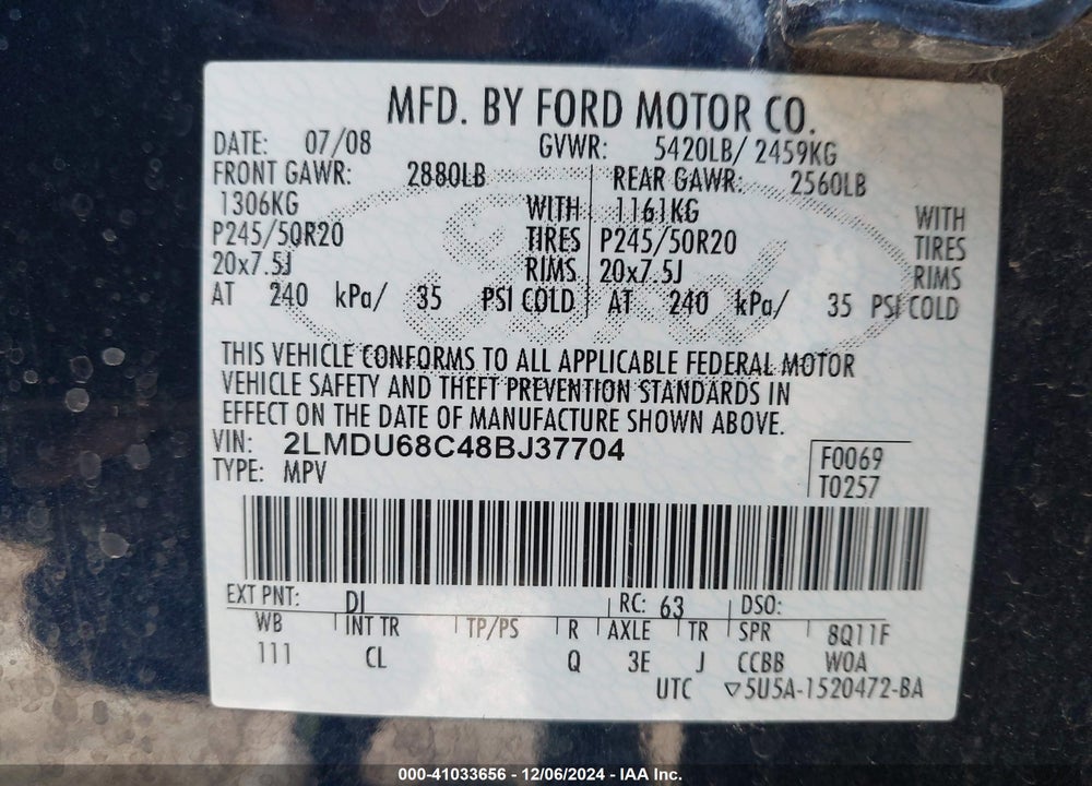 2008 LINCOLN MKX VIN: 2LMDU68C48BJ37704