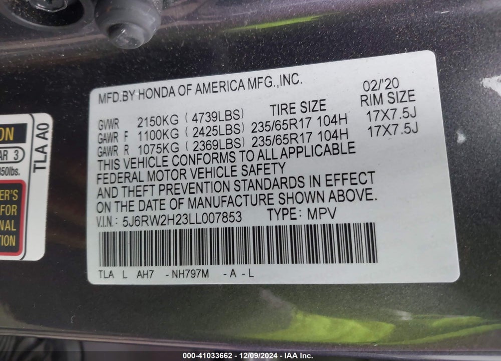 2020 HONDA CR-V AWD LX VIN: 5J6RW2H23LL007853