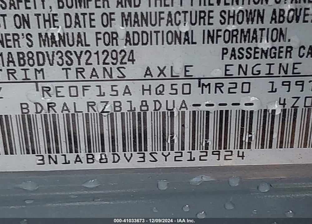2025 NISSAN SENTRA SR VIN: 3N1AB8DV3SY212924