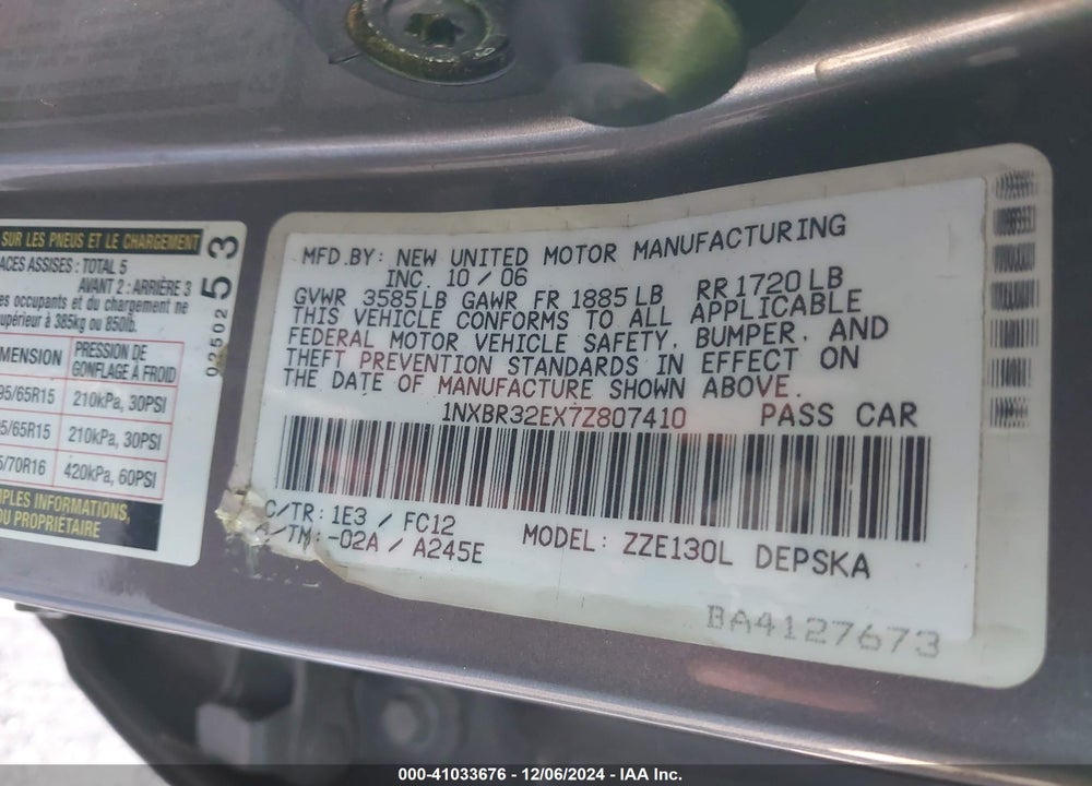 2007 TOYOTA COROLLA S VIN: 1NXBR32EX7Z807410