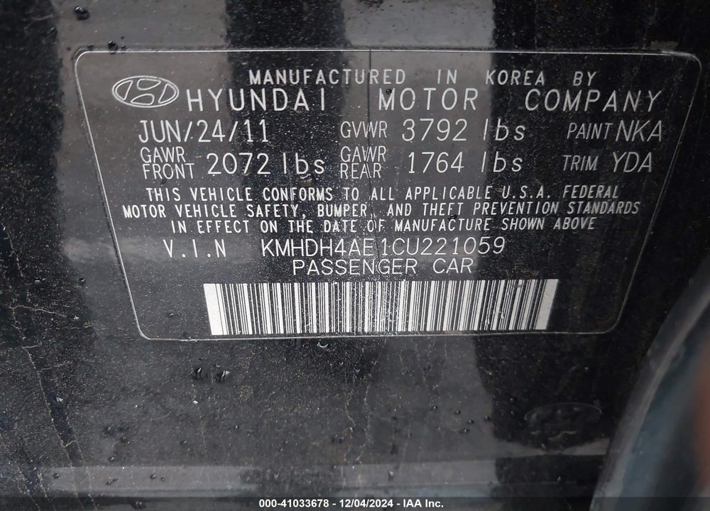 2012 HYUNDAI ELANTRA LIMITED (ULSAN PLANT) VIN: KMHDH4AE1CU221059