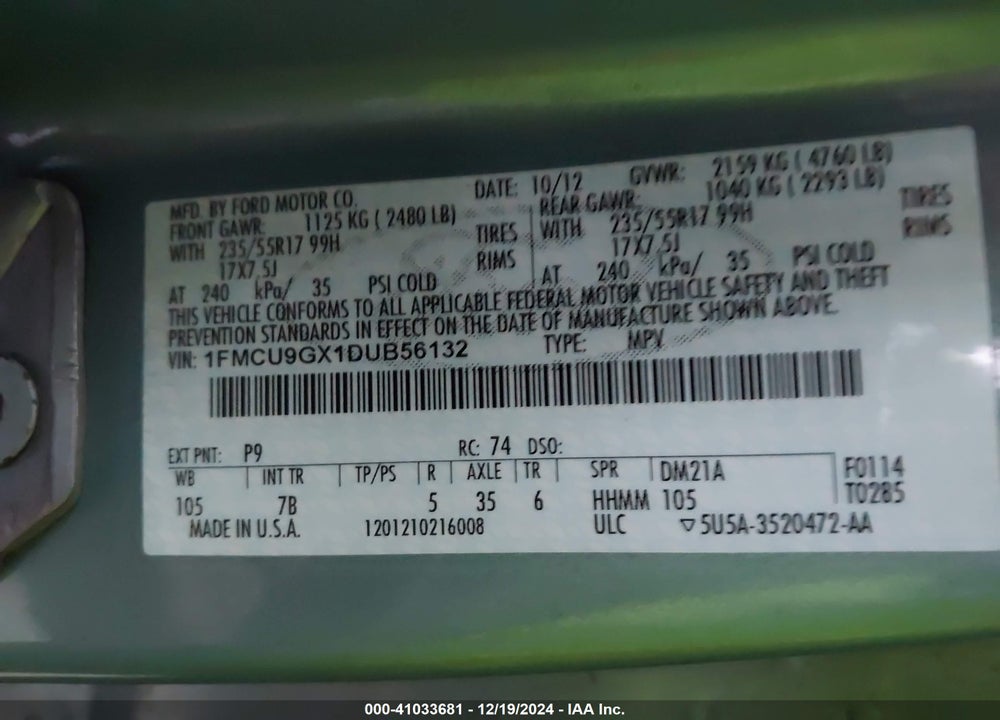 2013 FORD ESCAPE SE VIN: 1FMCU9GX1DUB56132