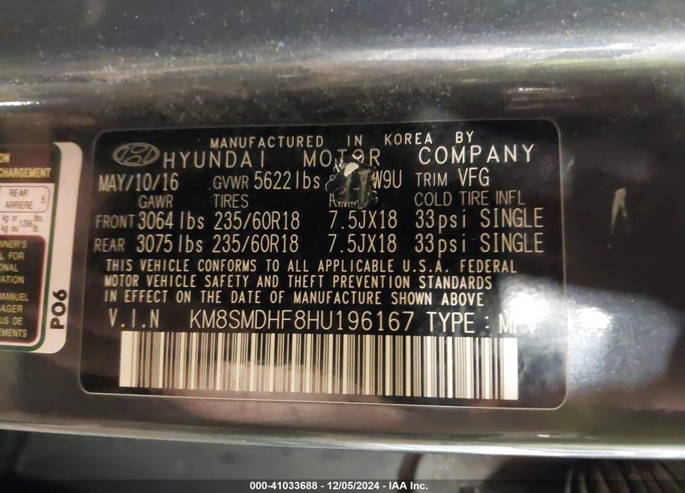 2017 HYUNDAI SANTA FE SE VIN: KM8SMDHF8HU196167