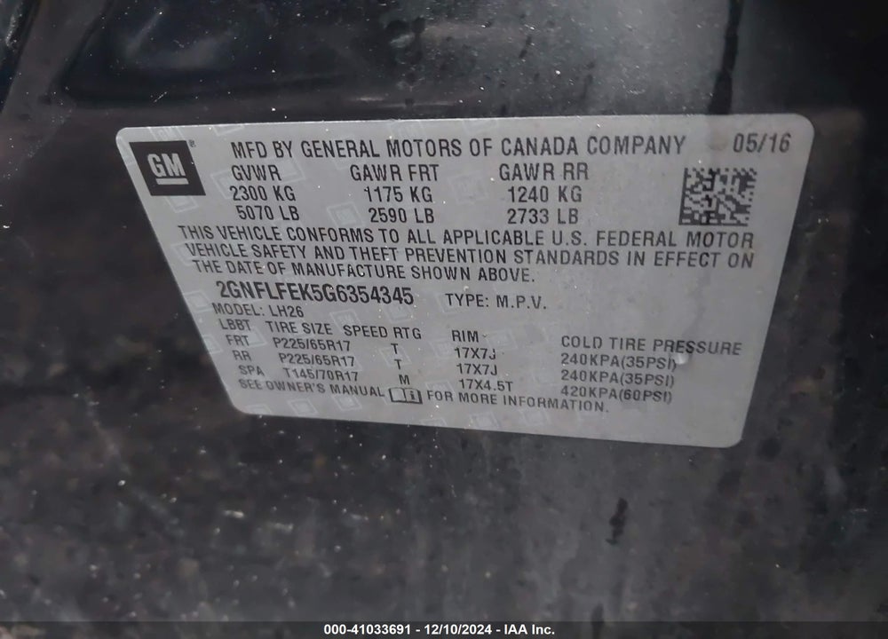 2016 CHEVROLET EQUINOX LT VIN: 2GNFLFEK5G6354345