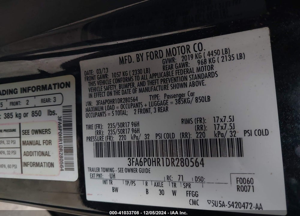 2013 FORD FUSION VIN: 3FA6P0HR1DR280564
