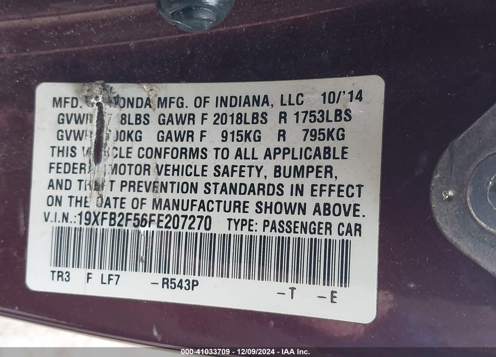 2015 HONDA CIVIC LX VIN: 19XFB2F56FE207270