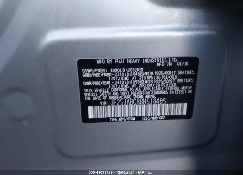 2016 SUBARU FORESTER 2.5I VIN: JF2SJABC8GH518485