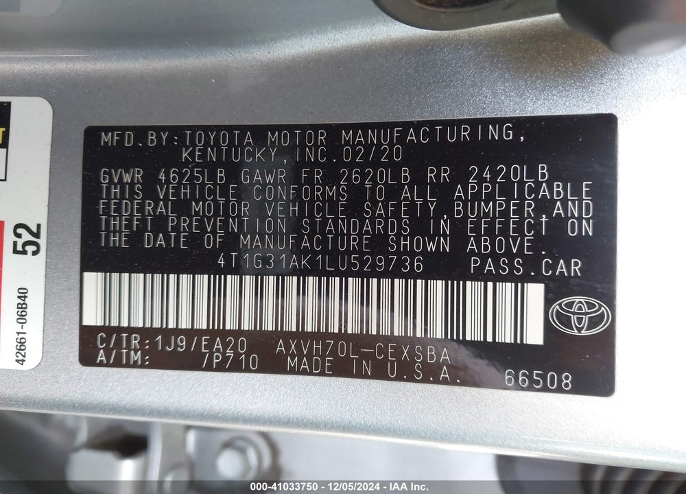 2020 TOYOTA CAMRY SE HYBRID VIN: 4T1G31AK1LU529736