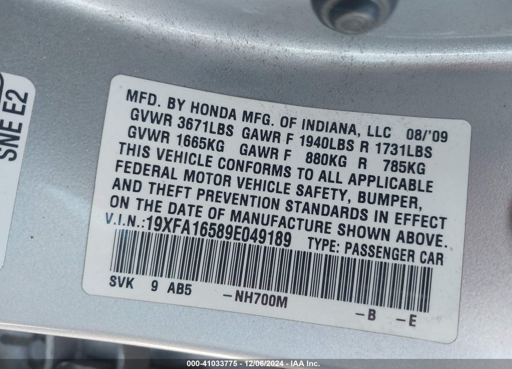 2009 HONDA CIVIC LX VIN: 19XFA16589E049189