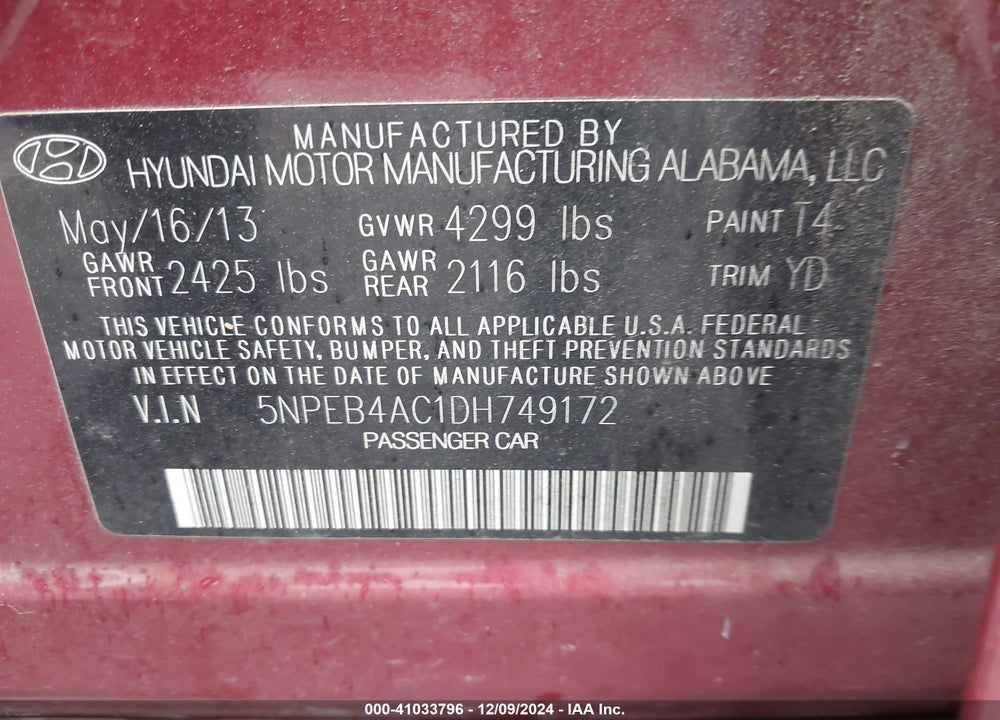 2013 HYUNDAI SONATA GLS VIN: 5NPEB4AC1DH749172