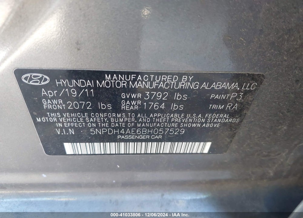 2011 HYUNDAI ELANTRA GLS VIN: 5NPDH4AE6BH057529