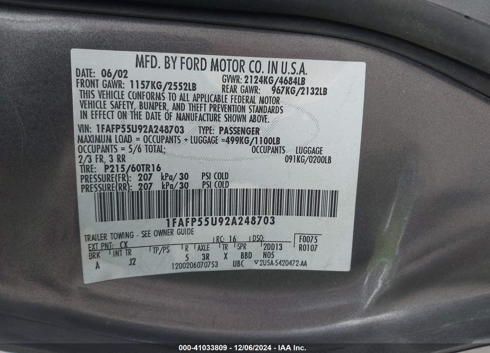 2002 FORD TAURUS SES VIN: 1FAFP55U92A248703
