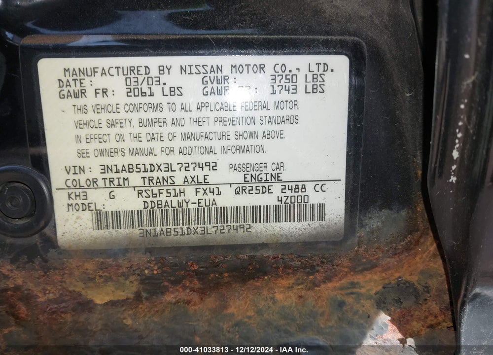 2003 NISSAN SENTRA SE-R SPEC V VIN: 3N1AB51DX3L727492