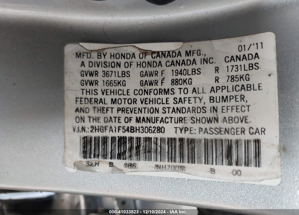 2011 HONDA CIVIC LX VIN: 2HGFA1F54BH306280