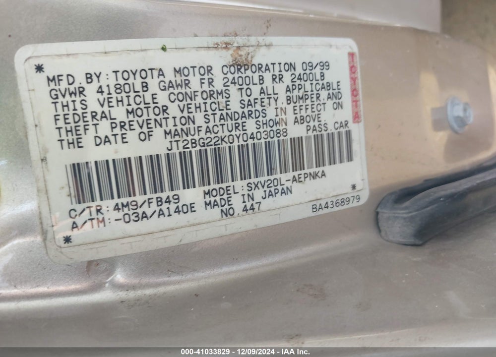 2000 TOYOTA CAMRY LE VIN: JT2BG22K0Y0403088