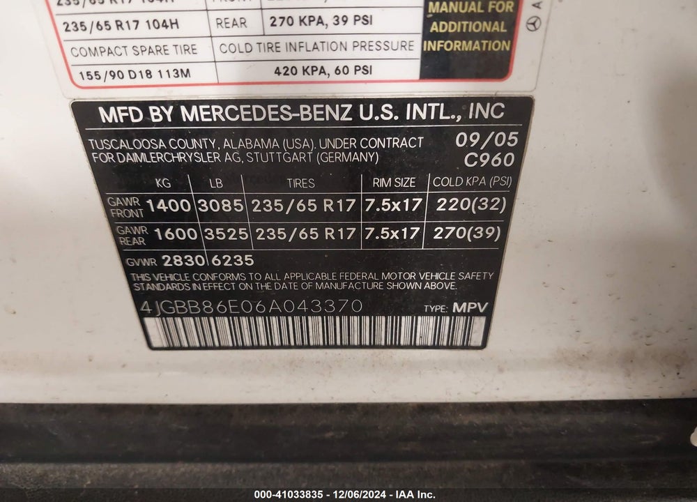 2006 MERCEDES-BENZ ML 350 4MATIC VIN: 4JGBB86E06A043370