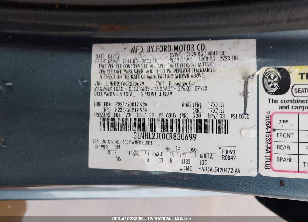 2012 LINCOLN MKZ VIN: 3LNHL2JC0CR830699