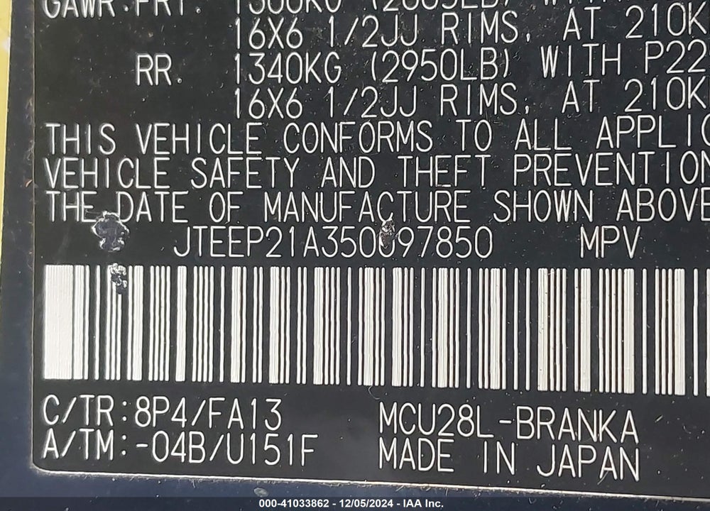 2005 TOYOTA HIGHLANDER V6 VIN: JTEEP21A350097850