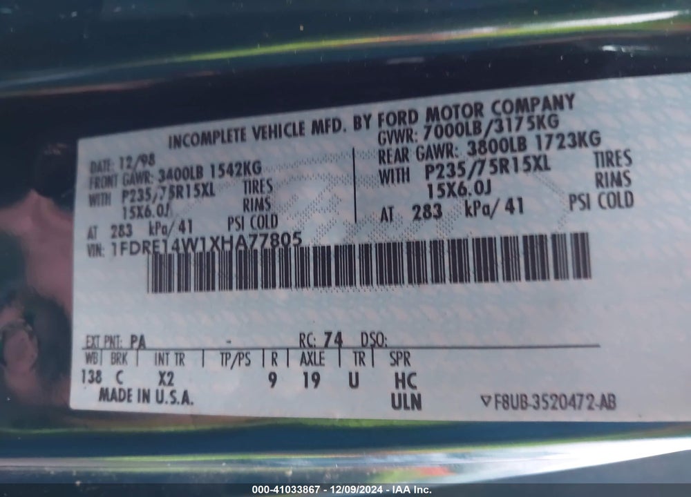 1999 FORD E-150 COMMERCIAL/RECREATIONAL VIN: 1FDRE14W1XHA77805