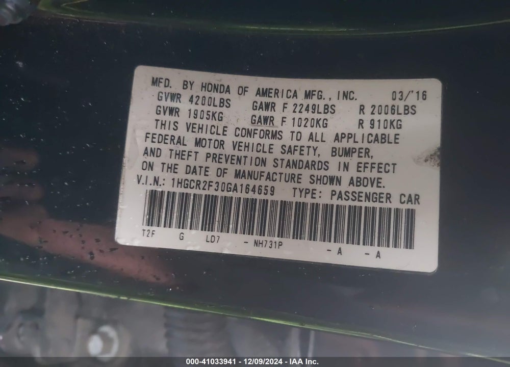 2016 HONDA ACCORD VIN: 1HGCR2F30GA164659