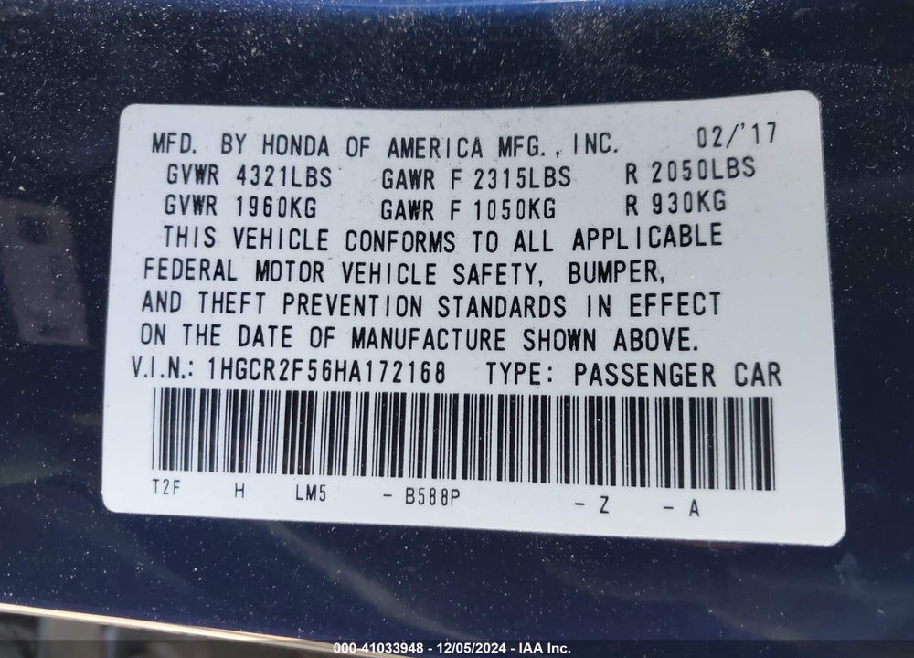 2017 HONDA ACCORD SPORT VIN: 1HGCR2F56HA172168