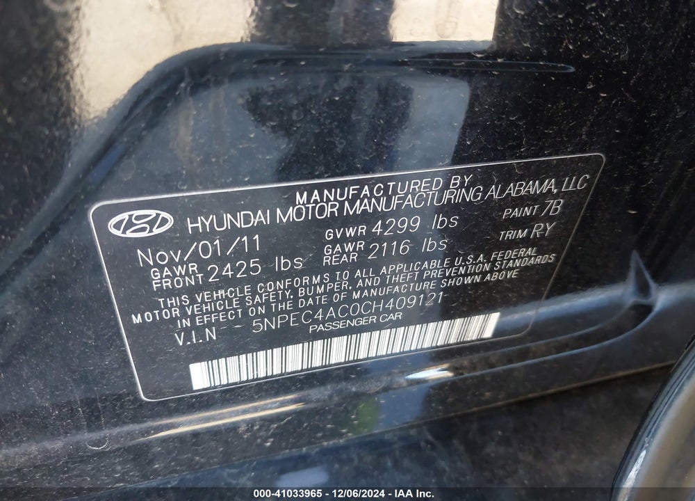 2012 HYUNDAI SONATA LIMITED VIN: 5NPEC4AC0CH409121