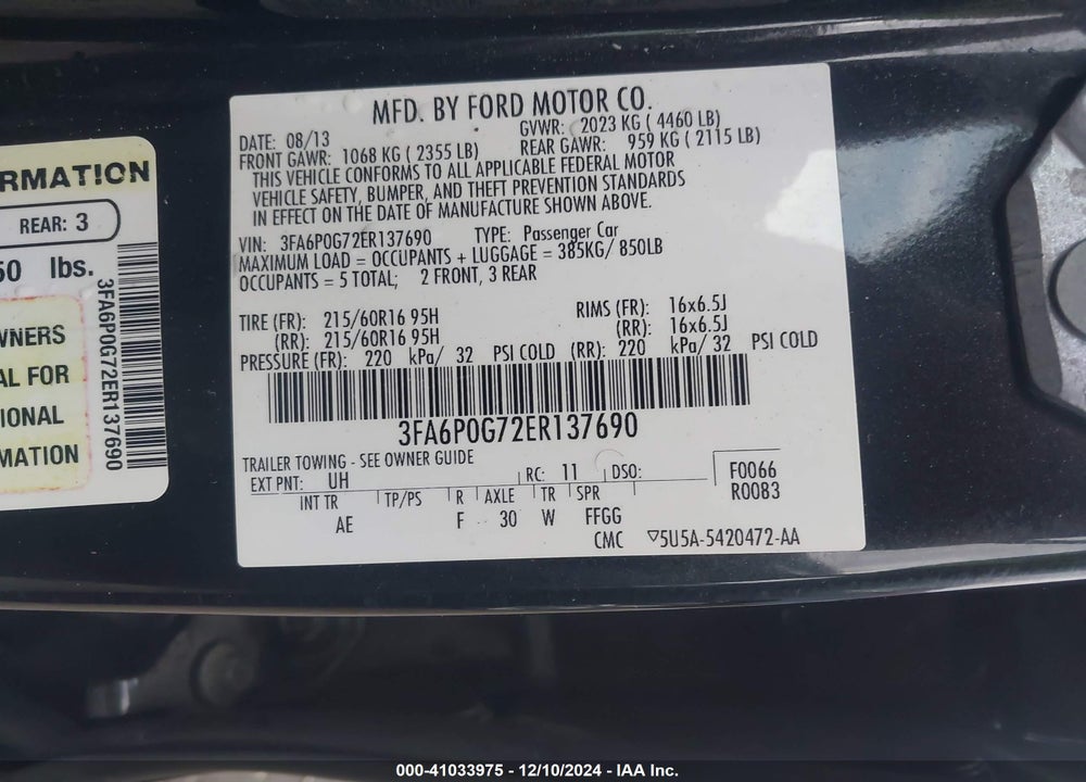 2014 FORD FUSION S VIN: 3FA6P0G72ER137690