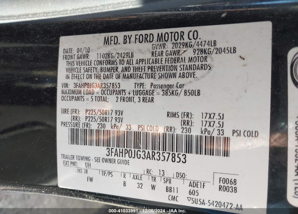2010 FORD FUSION SEL VIN: 3FAHP0JG3AR357853