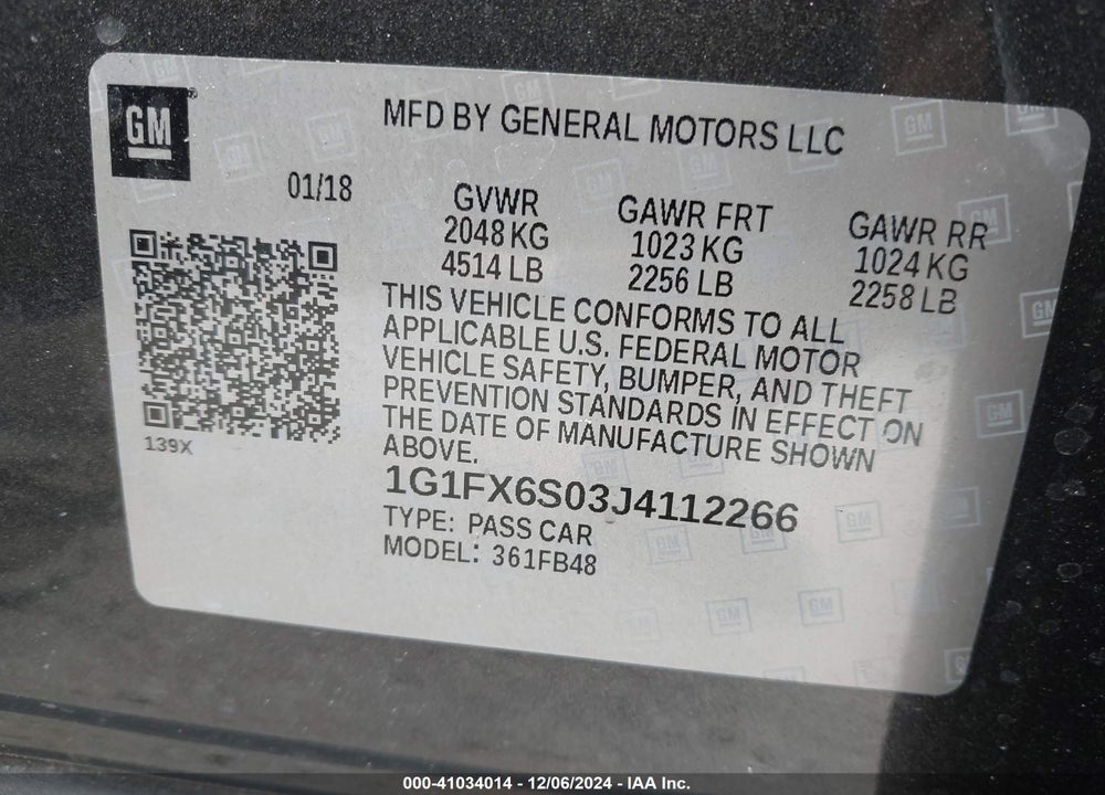 2018 CHEVROLET BOLT EV PREMIER VIN: 1G1FX6S03J4112266