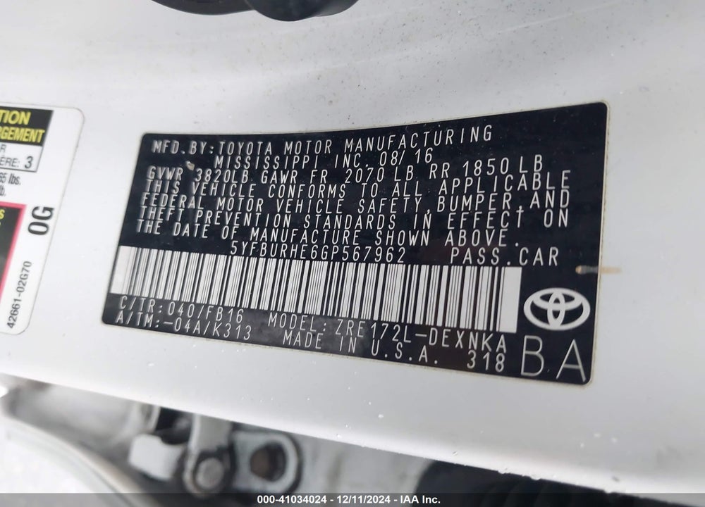 2016 TOYOTA COROLLA LE PLUS VIN: 5YFBURHE6GP567962