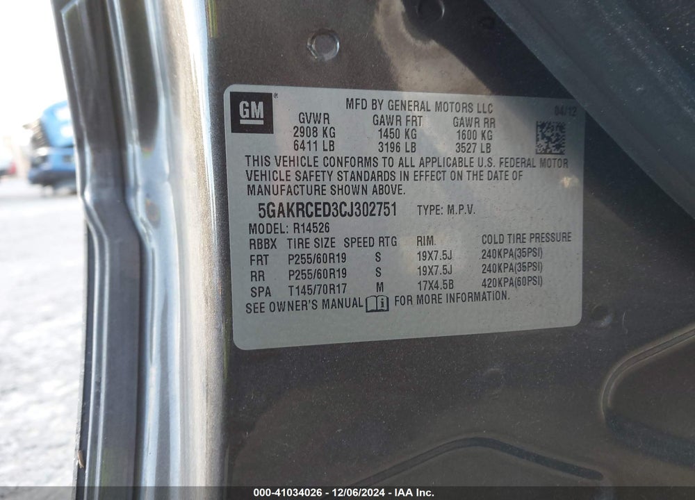 2012 BUICK ENCLAVE LEATHER VIN: 5GAKRCED3CJ302751