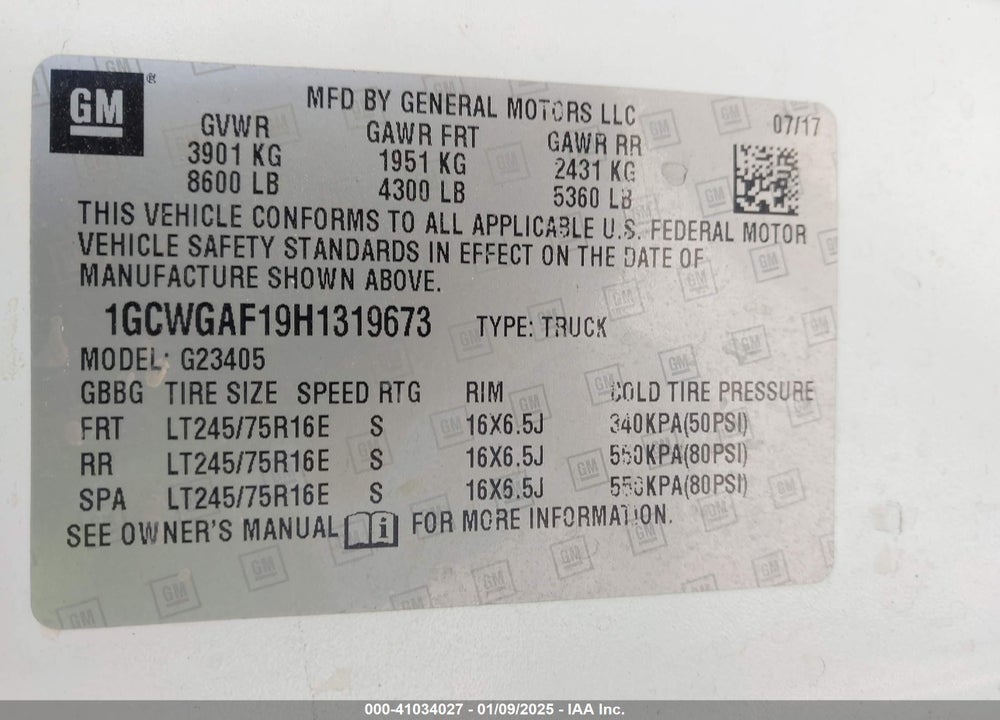 2017 CHEVROLET EXPRESS 2500 WORK VAN VIN: 1GCWGAF19H1319673
