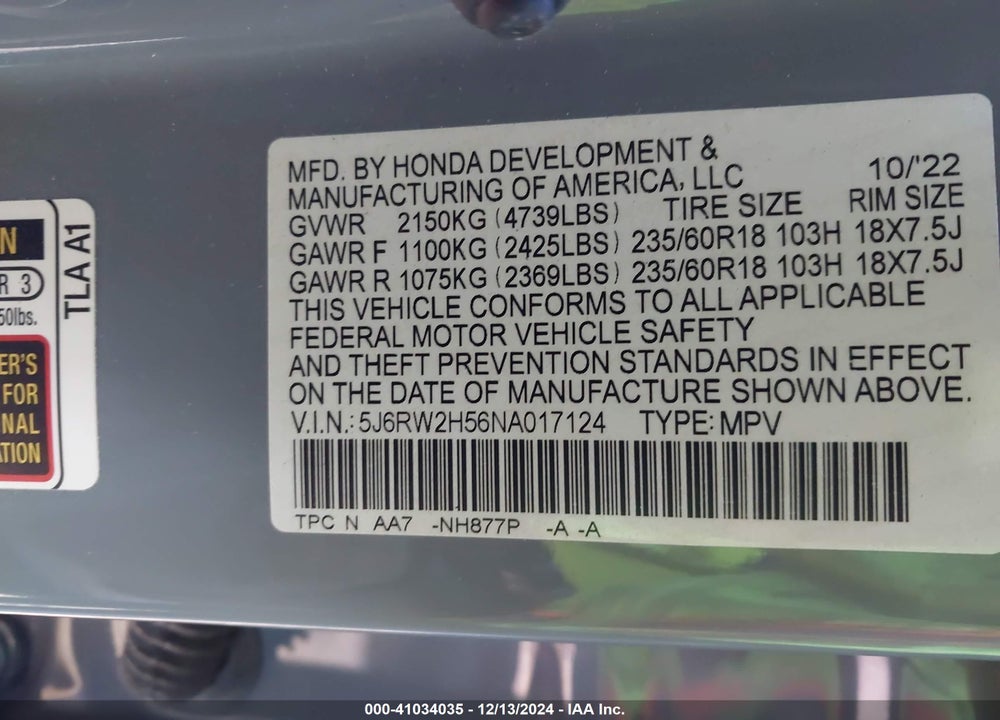 2022 HONDA CR-V AWD EX VIN: 5J6RW2H56NA017124
