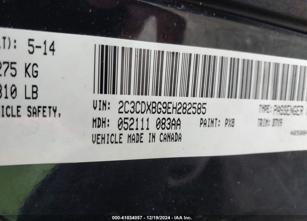 2014 DODGE CHARGER SE VIN: 2C3CDXBG9EH282585