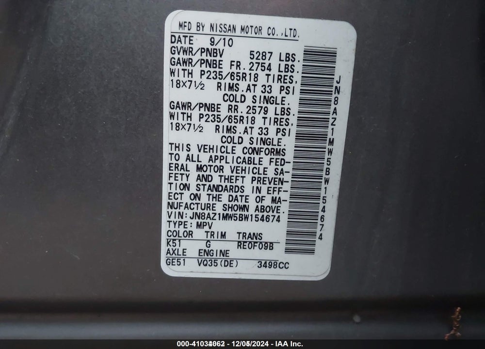 2011 NISSAN MURANO SL VIN: JN8AZ1MW5BW154674
