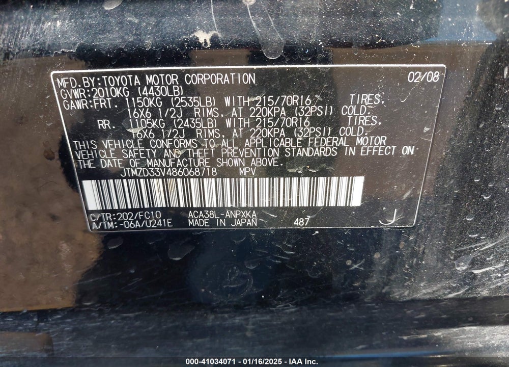 2008 TOYOTA RAV4 VIN: JTMZD33V486068718