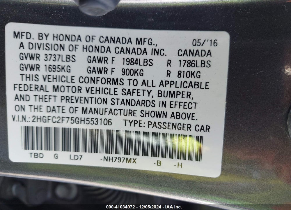 2016 HONDA CIVIC EX VIN: 2HGFC2F75GH553106