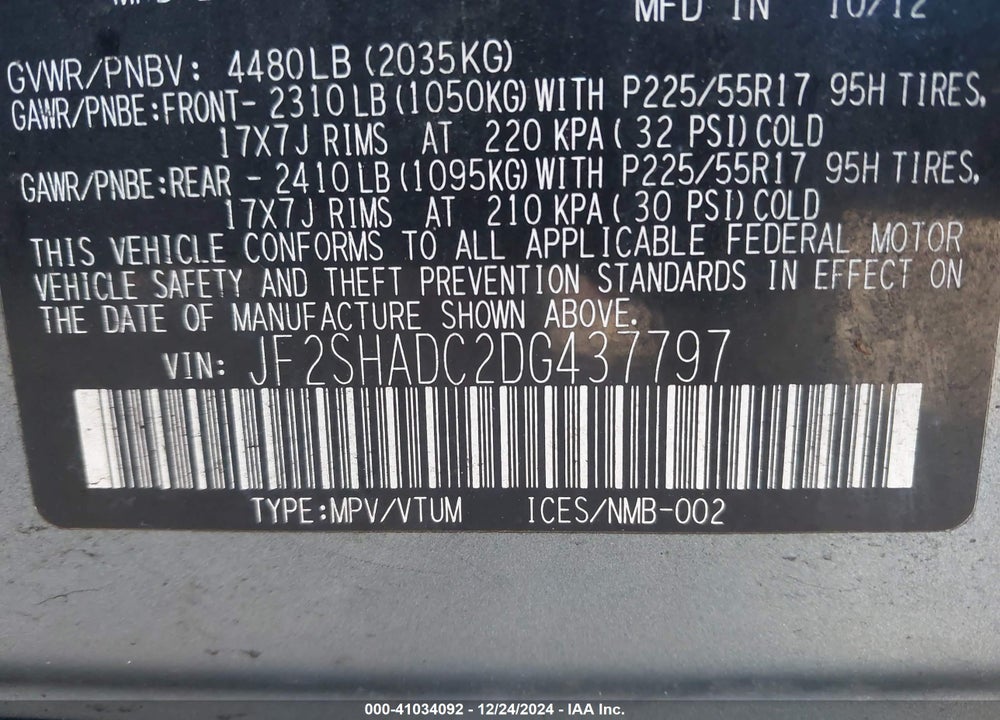 2013 SUBARU FORESTER VIN: JF2SHADC2DG437797