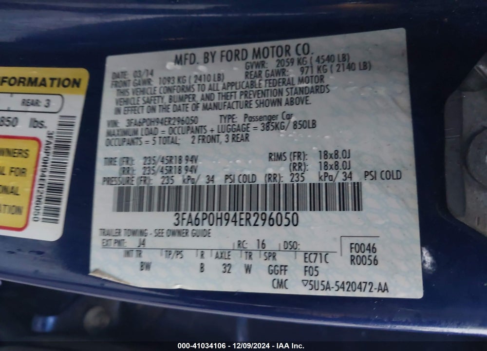 2014 FORD FUSION SE VIN: 3FA6P0H94ER296050