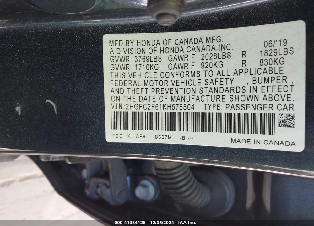 2019 HONDA CIVIC LX VIN: 2HGFC2F61KH576804