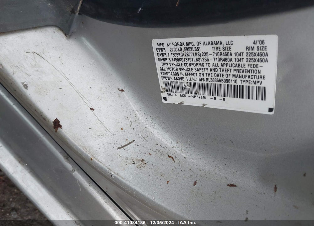 2006 HONDA ODYSSEY TOURING VIN: 5FNRL38866B096110