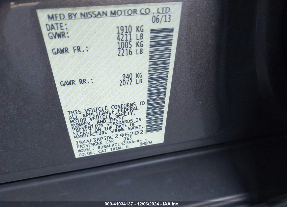 2013 NISSAN ALTIMA 2.5 S VIN: 1N4AL3AP5DC296202