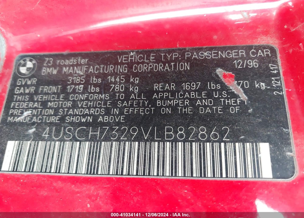 1997 BMW Z3 1.9L VIN: 4USCH7329VLB82862