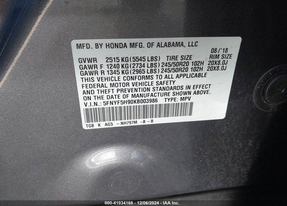 2019 HONDA PILOT TOURING VIN: 5FNYF5H90KB003986