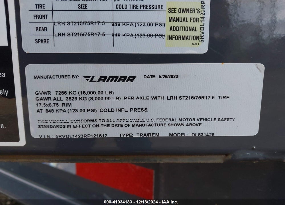 2024 TRAILER LAMAR VIN: 5RVDL1423RP121612