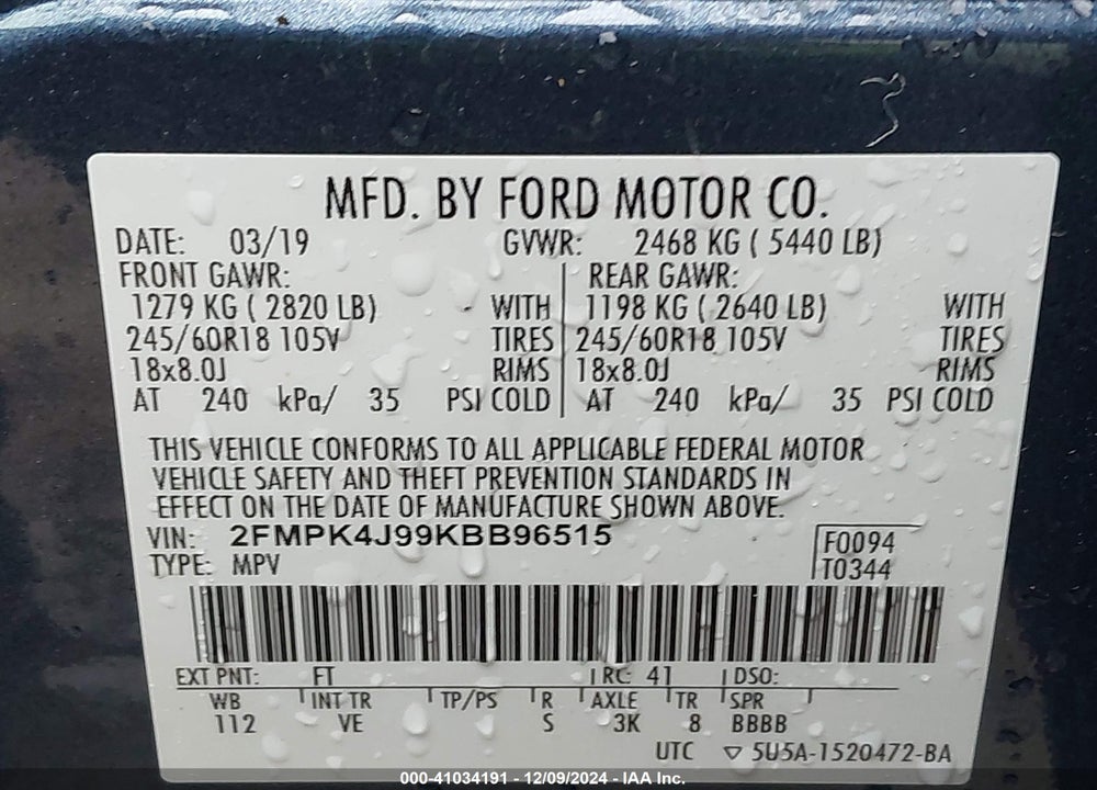 2019 FORD EDGE SEL VIN: 2FMPK4J99KBB96515